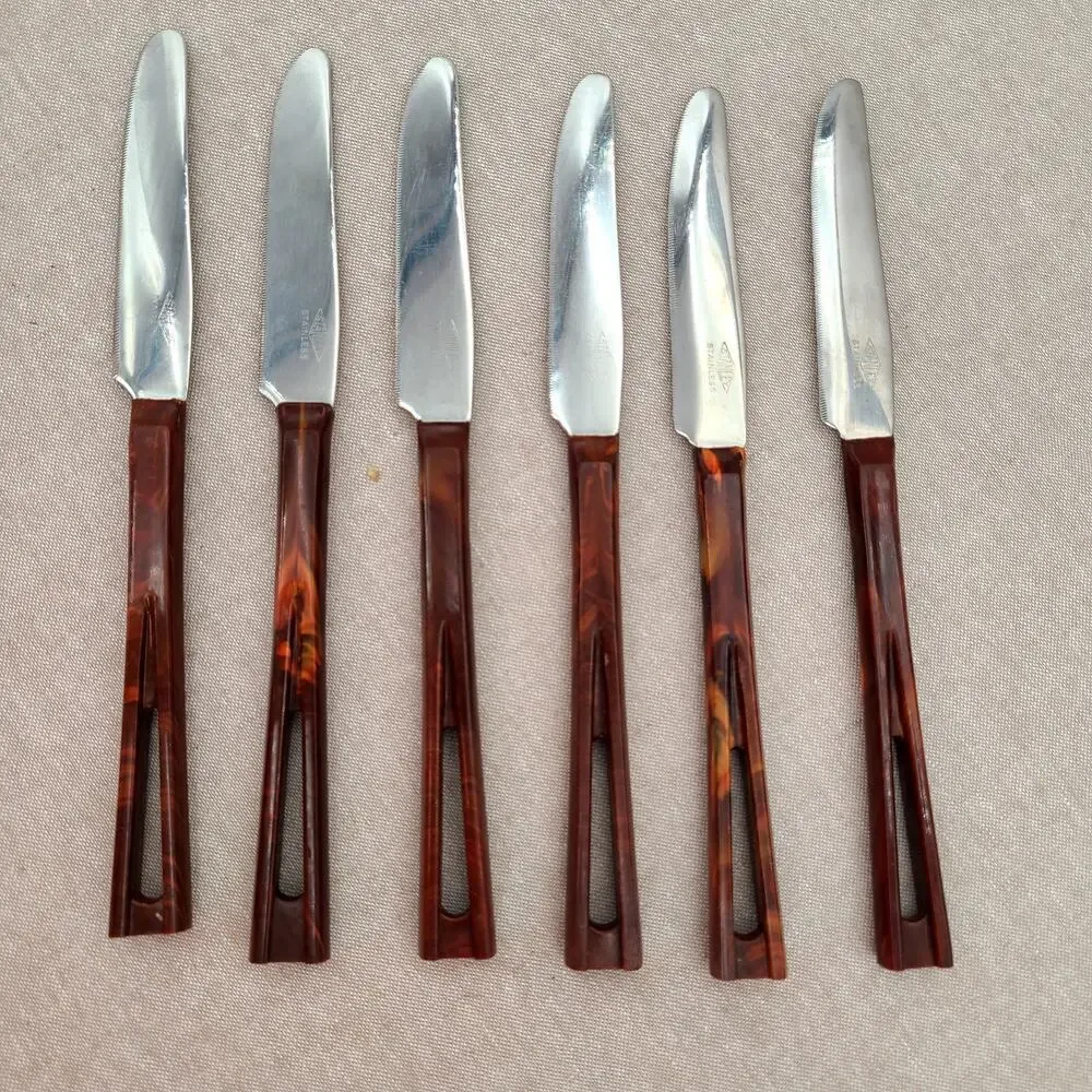 VTG Stanley DeLuxe Steak Knives Set of 6 Stainless - Bakelite Handles Marbled